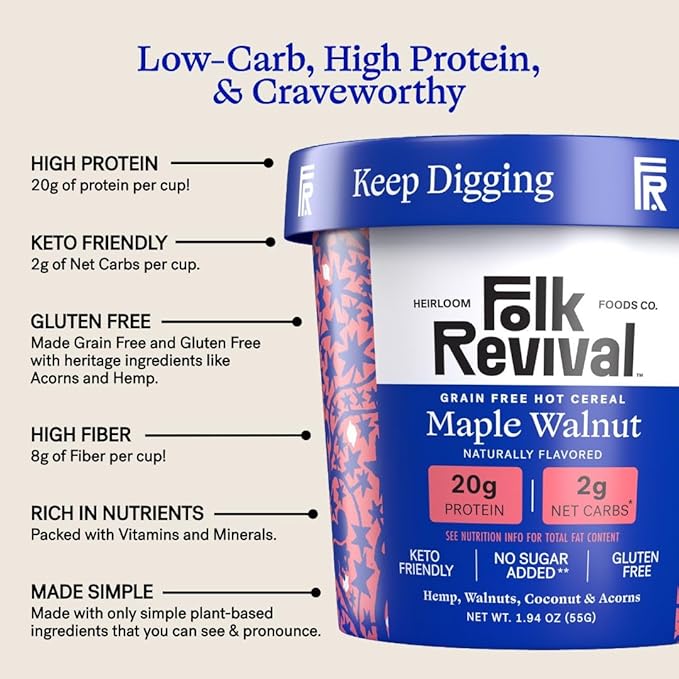 Folk Revival Maple Walnut Keto Instant 'Oatmeal' - 20g Protein 2g Net Carbs High Fiber Non GMO Gluten Free Made with Acorns - 12 Cups Per Case