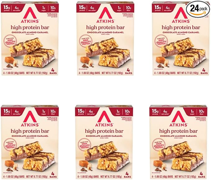 Atkins Chocolate Almond Caramel High Protein Bars Keto Snacks 15g Protein 3g Net Carbs 1g Sugar Gluten Free Protein Bars High Fiber Snacks Low Sugar 4 Count (Pack of 6)