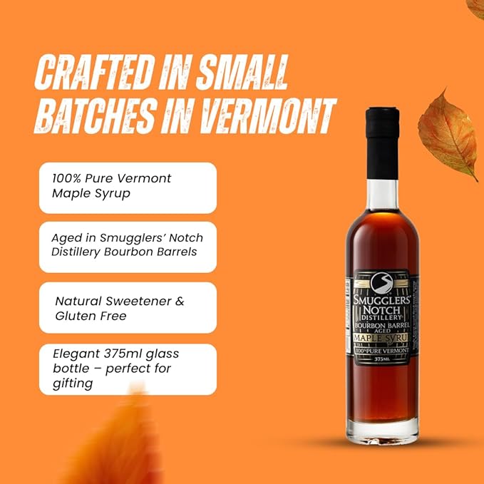 Smugglers’ Notch Maple Works – Bourbon Barrel Aged – 100% Pure Vermont Maple Syrup – Natural Sweetener &amp Gluten Free – Rich Taste – Waffles and Pancakes Cocktails Marinades 12.68 Fl Oz. (375 mL