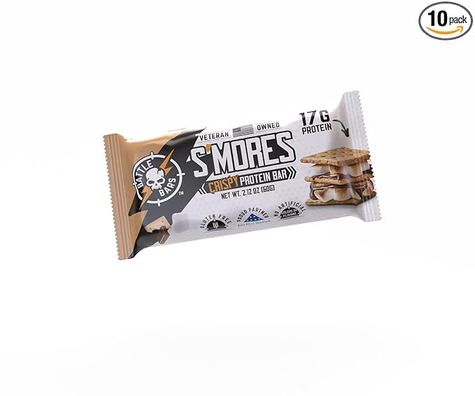 Battle Bars Crispy Protein Bar 16g Protein per serving - Gluten Free No Artificial Flavors or Colors - Veteran Owned - S'Mores (60g) 10 Count