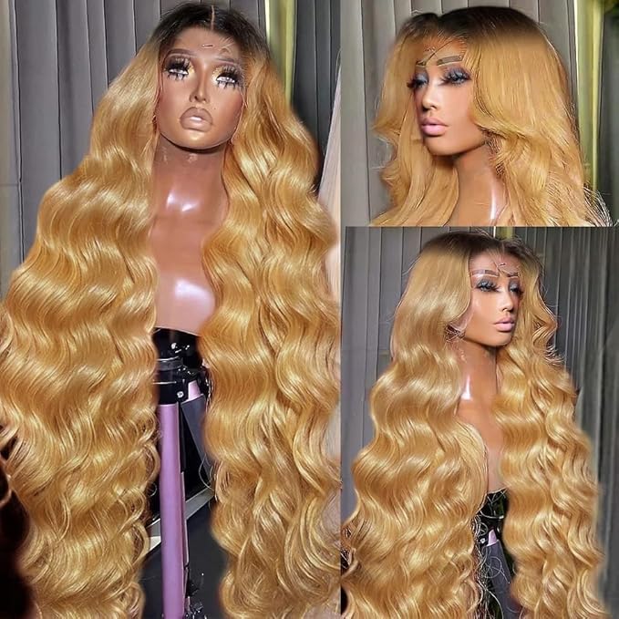 250% density 13x6 Honey Blonde Lace Front Wigs Human Hair 13x6 Body Wave Lace Front Wig Human Hair Wigs for Women Ombre HD Transparent Lace Frontal Wig Pre Plucked with BabyHair 30 Inch