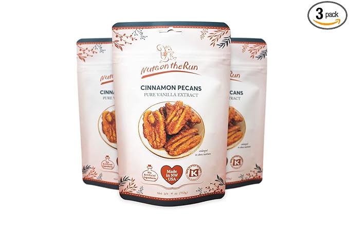 Nuts on the Run Cinnamon Pecans - 4oz (PACK OF 3 BAGS) Roasted Cinnamon Pecan Pralines Satisfaction Guarantee