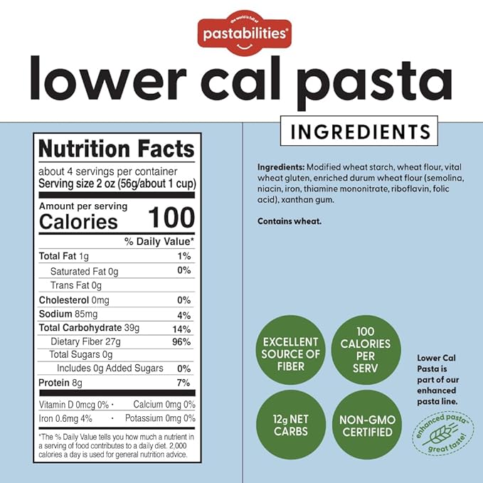 Pastabilities Ruffles Pasta Variety Pack - Low Calorie High Fiber &amp High Protein Pasta - (2 Packs Each) Plant Based Non GMO Certified with 22g Protein and 20g Net Carbs (6 Pack 8 Oz)