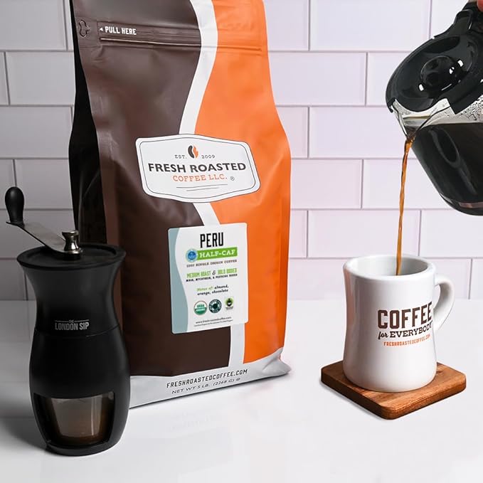 Fresh Roasted Coffee Organic Peru Water-Processed Half-Caf | Mold &amp Myco 3rd Party Tested USDA Organic Kosher | Med Roast 5 lb (80 oz) Whole Bean