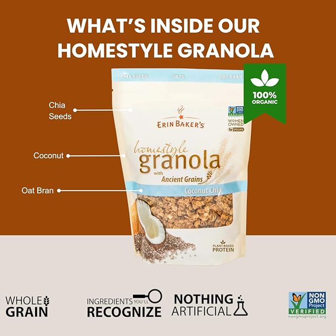 Erin Baker’s Homestyle Coconut Chia Granola with Ancient Grains - Made from Natural Ingredients Crunchy Texture Versatile Snack or Cereal - Vegan Friendly Non-GMO Resealable 160oz Bag 1‑Pack