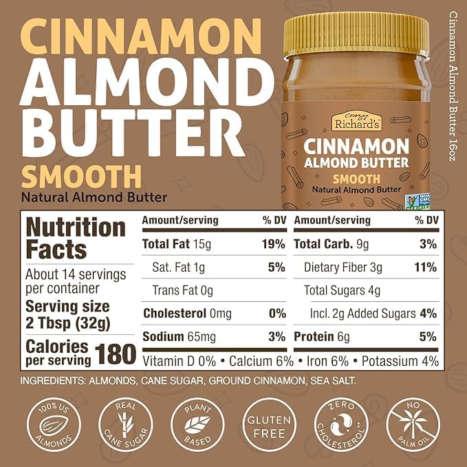 Crazy Richard's 100% All-Natural Creamy Dry Roasted Almond Butter with No Added Sugar and Non-GMO (16 Ounce Pack of 2)
