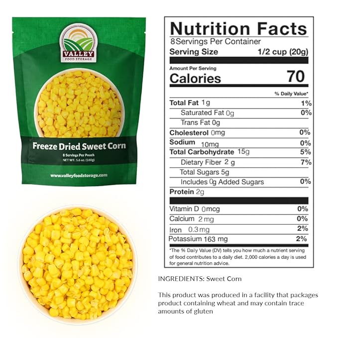 Valley Food Storage Freeze Dried Sweet Corn | 10-Bag Bucket 56 oz | Premium Emergency Food Supply 25 Year Shelf Life | Long Term Food Storage Camping Meals &amp Prepper Supplies | Packaged in USA