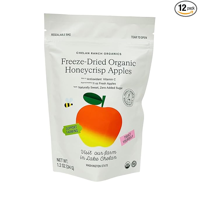 Chelan Ranch Organics Freeze-Dried Organic Honeycrisp Apples Non-GMO &amp Vegan 1.2 Ounce Bag (12-Pack)