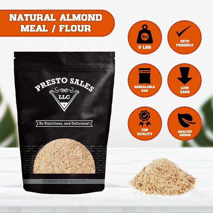 Presto Sales Almonds Fresh Natural Unblanched fine Flour / Meal healthy Raw 80 oz. | KETO and PALEO friendly Vegan Alternative Premium Quality Skin on Delicious | #1 Diet Low Carb Protein Whe