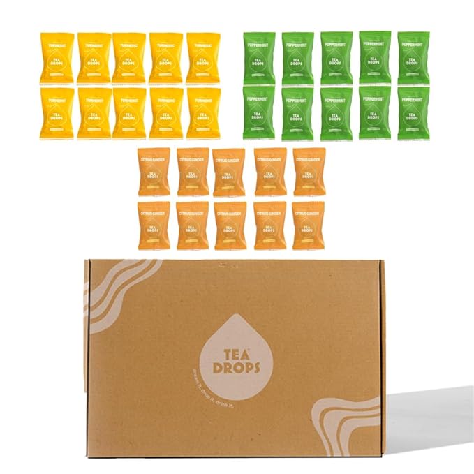 Tea Drops Herbal Trio Gift Set Sampler | Dissolvable Bagless Loose Leaf Tea | Iced or Hot | Caffeine Free Naturally Sweetened Peppermint Turmeric Citrus Ginger | 10 Per Flavor - 30 Servings