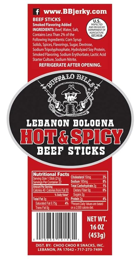 Buffalo Bills 1-lb Pack Hot &amp Spicy Lebanon Bologna Sticks (Pennsylvania Dutch hot beef sticks)