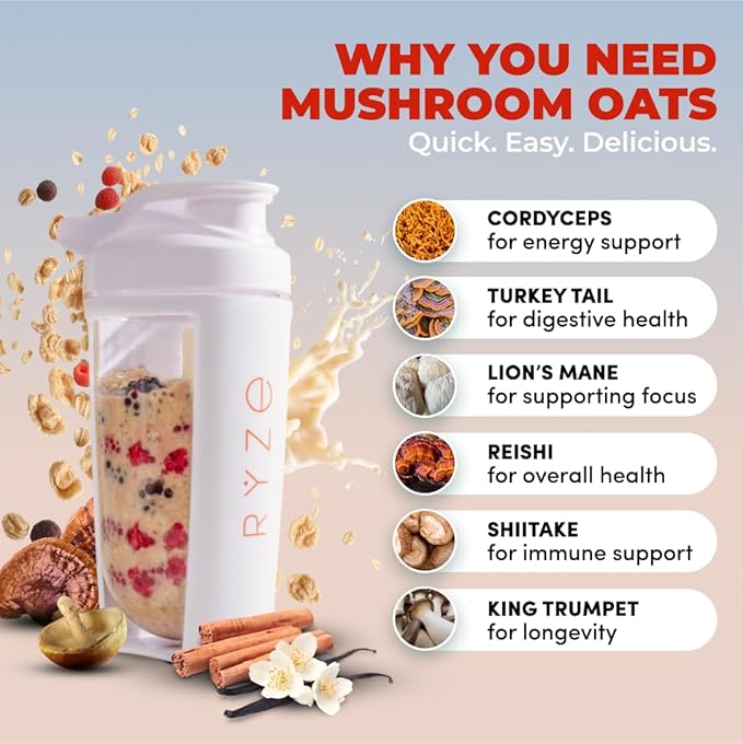 RYZE SUPERFOODS Mushroom Protein Overnight Oats Oatmeal with 6 Adaptogenic Mushrooms and 20g Grass-Fed Whey Protein &amp Chia Seeds Lions Mane Turkey Tail Shiitake Reishi Healthy Breakfast. 14