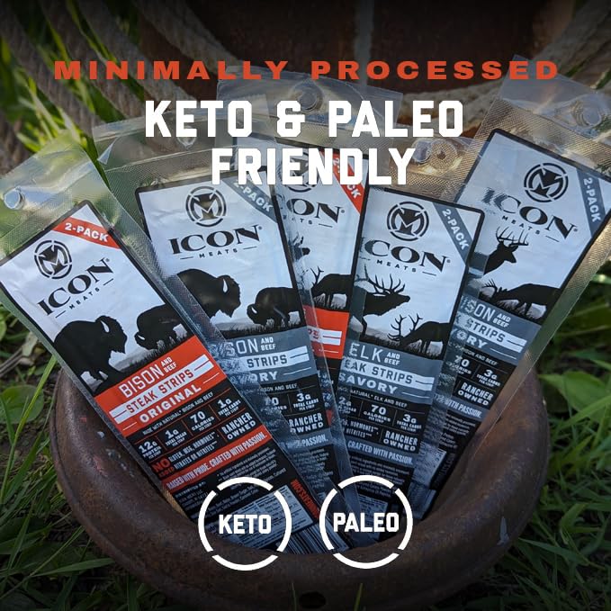 ICON Meats Elk and Beef Jerky Steak Strips Savory Flavor 8 High Protein Snacks Packs 2 Strips per Pack Low Sugar Gluten Free Natural USDA Inspected Made in the USA Gifts for Him