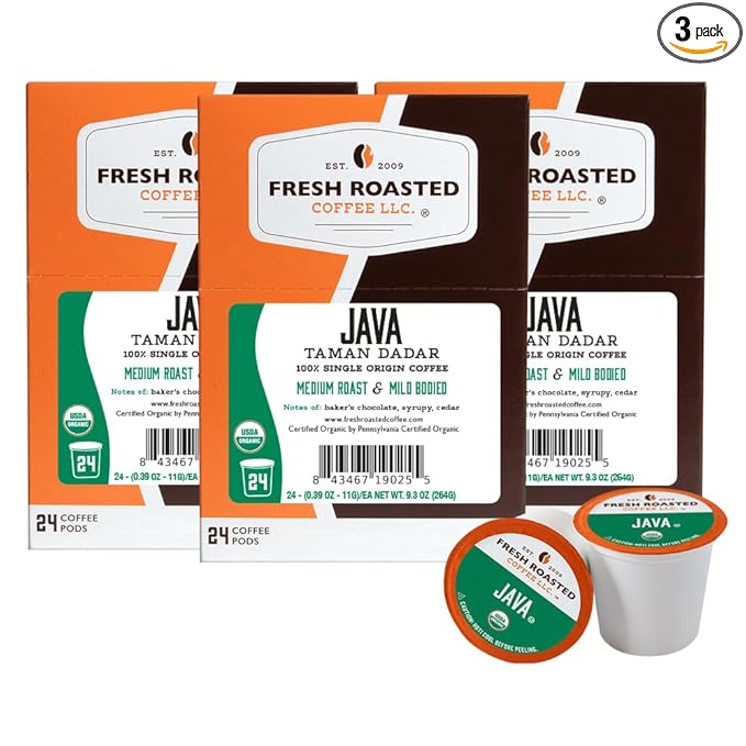 Fresh Roasted Coffee Organic Java Taman Dadar | USDA Organic RFA Kosher | Medium Roast 72 Pods for K Cup Brewers
