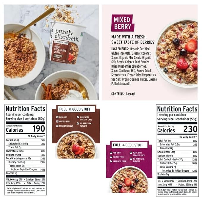 Purely Elizabeth Organic Oats Instant Oatmeal 1.76 oz Cup + King Combos QR Code Mixed pack with (Seasonal (Chocolate e Mixed Berries (3 each))
