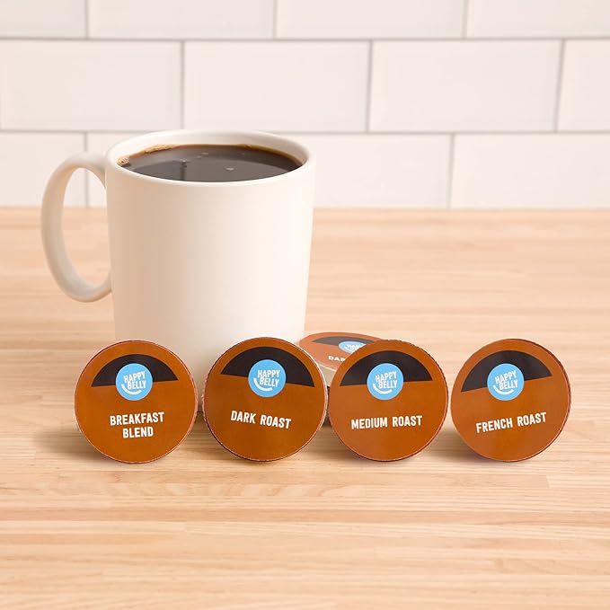 Amazon Brand - Happy Belly Variety Pack Compostable Coffee Pods Compatible with K-Cup Brewer (Breakfast Blend Dark/ Medium/ French Roast) 96 count (Pack of 1)