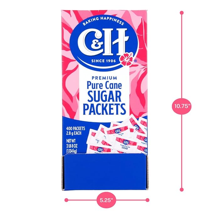 C&ampH Premium Pure Cane Sugar Packets 0.10 Ounce (2.8 Gram) NON-GMO Packets Pack of 400 in Dispenser Box