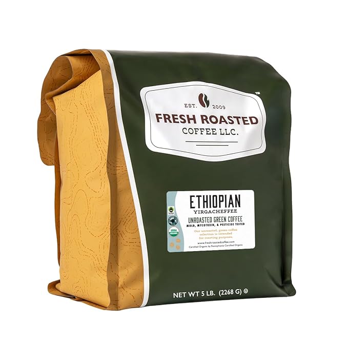 Fresh Roasted Coffee Unroasted Organic Ethiopian Yirgacheffe | USDA Organic 100% Single Origin Kosher | 5 Pound