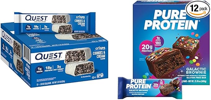 Quest Cookies &amp Cream Hero Protein Bar 18g Protein 12 Count &amp Pure Protein Galactic Brownie Bars 20g Protein 12 Count