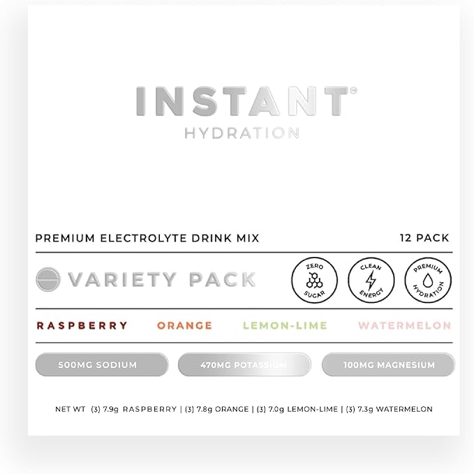 Instant Hydration Electrolytes Powder Packets - Variety Pack - Zero Sugar - Keto Vegan Gluten-Free Non-GMO - Boost Recovery Brain Function Muscle &amp Tissue Health - 12 Sticks