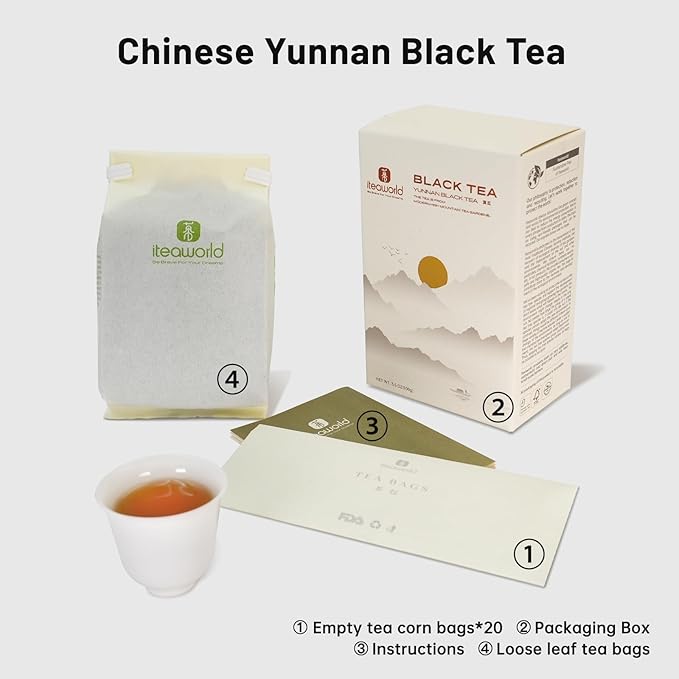 iTeaworld Yunnan Black Tea Loose Leaf Non-GMO No Sweetener Authentic Chinese Tea Honey &amp Sweet Potato Aroma Strong tea20 Corn Tea Bags for Black Tea Beginners - 1 Pack (3.5 oz)