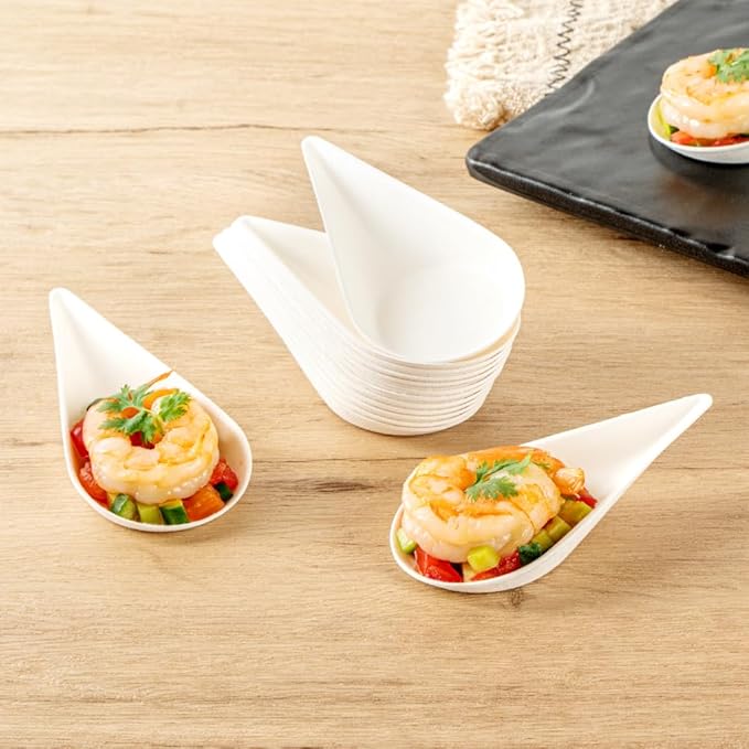 Restaurantware Tasting Spoons - 100 Pack - 4.25 Inch Pulp Safe Home Compostable Teardrop Mini Spoon - Eco-Friendly Sugarcane Bagasse Disposable Utensils for Catering Food Tasting