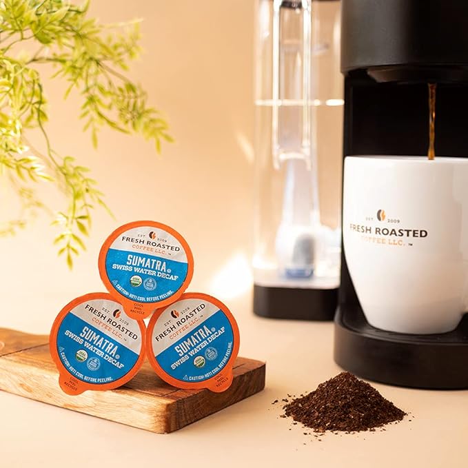 Fresh Roasted Coffee Organic Sumatra Water-Processed Decaf | 100% Single Origin USDA Organic Kosher | Medium Roast K-Cup Compatible | 72 Pods
