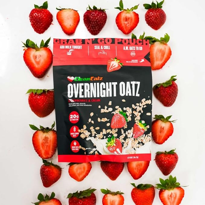 Clean Eatz Overnight Oats – High Protein Overnight Oatmeal (20g Protein) – Whole Grain Oats &amp Real Fruit – Quick &amp Healthy Shelf-Stable Breakfast 12-Count (Strawberries and Cream)