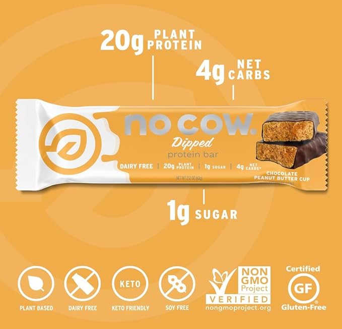 No Cow High Protein Bars Dipped Variety Pack - Healthy Snack 20g Vegan Protein High Fiber Low Sugar Keto Friendly Dairy &amp Gluten Free (12 Count)