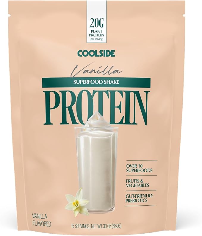 Coolside Superfood Vegan Protein Powder – Vanilla | 20g Plant Based Protein Supergreens Superfoods &amp Prebiotics | Rich and Delicious | Low Sugar | All in One | Whey Free | 15 Servings (27oz)