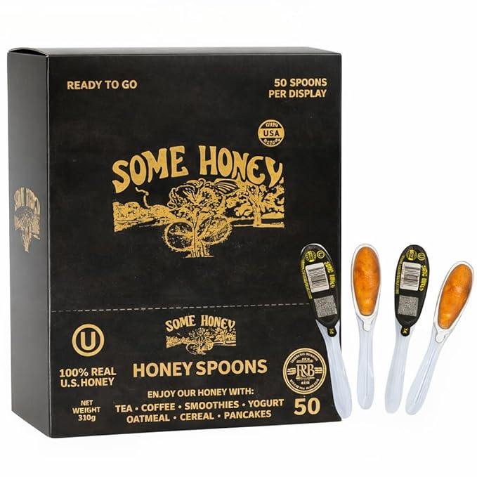 Some Honey Raw &amp Unfiltered Honey Spoon Stirrers – 100% Pure U.S. Honey USDA Grade A Kosher All-Natural – Individually Wrapped Single-Serve Spoons for Tea Coffee &amp Travel – 50 Pack