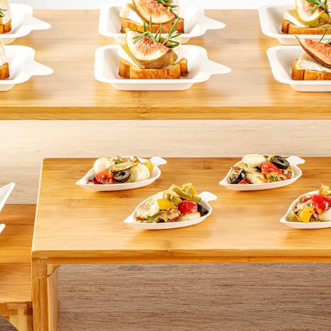 Restaurantware-Pulp Safe No PFAS Added 3.7 x 2.4 Inch Tasting Dishes 100 Disposable Dishes - Home Compostable Microwavable And Freezable White Bagasse Food Dish Leaf Shape For Appetizers