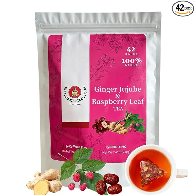 Eastrue Ginger Raspberry Leaf Tea with Jujube Dates - 42 Tea Bags(210g)Sweet &amp SpicyTraditional Chinese Herbal Tea Tea Gift for WomenCaffeine Free Organic Non-GMO