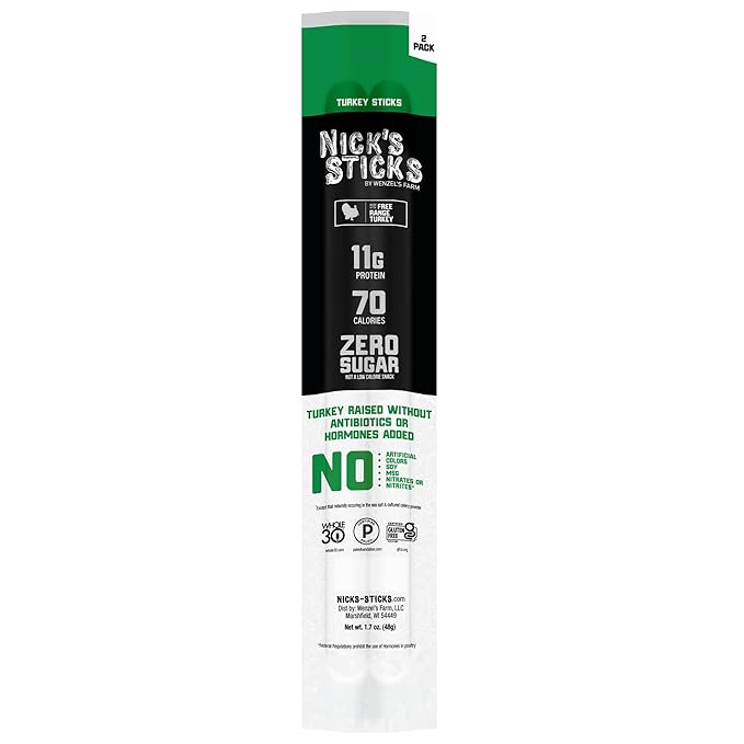 Nick's Sticks Clean &amp Balanced Free Range Turkey Snack Sticks | Made in the USA | Gluten Free | Paleo Keto Whole30 Approved | No Soy Antibiotics or Hormones (12 – 1.7oz. Packs of 2 Sticks)