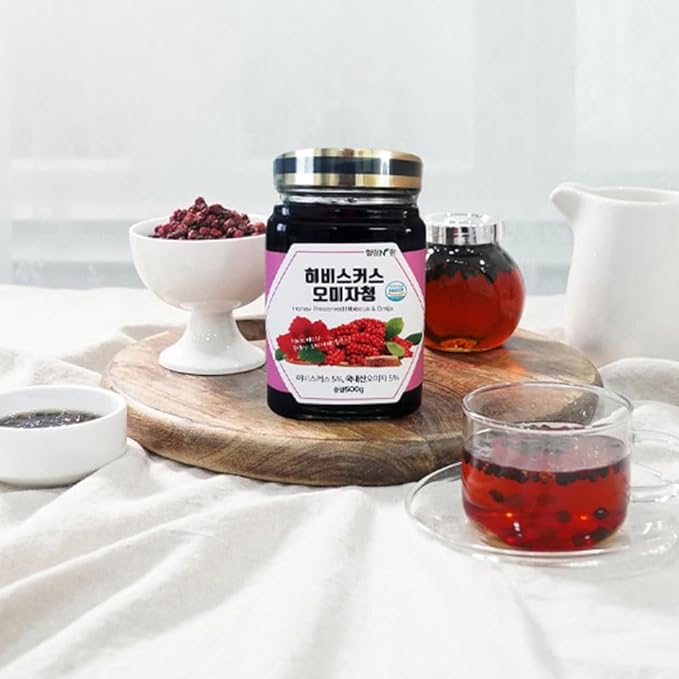 GAGOPA Korean Honey Jam 100% Organic Honey Preserved Syrup Korean Style Jam excluding SugarOnly Honey &amp Oligosaccharides/No Sugar 17.63Oz (Hibiscus&ampOmija)
