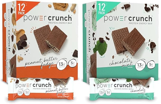 Power Crunch Protein Wafer Bars High Protein Snacks Peanut Butter Fudge 1.4 Ounce (12 Count) and Chocolate Mint 1.4 Ounce (12 Count)