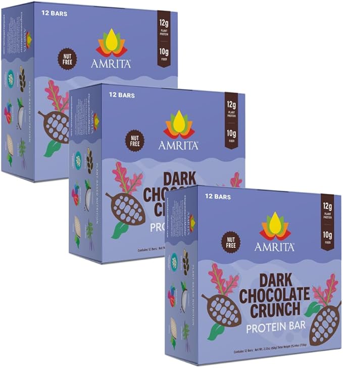 Amrita Nut Free Dark Chocolate Quinoa Vegan Protein Bars (12 CT PK of 3) | 12g Plant-Based Protein Bar | Peanut Free Gluten Free and Dairy Free | Low Sugar High Fiber Healthy School-Safe Snacks