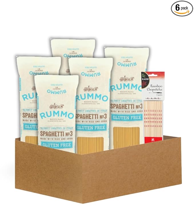 5x Rummo Pasta Spaghetti 12 OZ Bundle with Bamboo Chop Stck Pair – Slow-Dried Durum Wheat Spaghetti with Eco-Friendly Utensils for Cooking or Serving – Gift Set (6 Items)