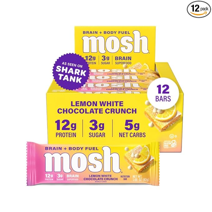 MOSH Lemon White Chocolate Keto Protein Bars High Fiber Low Carb Gluten Free High Protein Brain Healthy Snack 12 Count