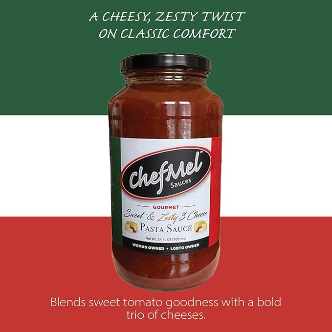 ChefMel’s Zesty Three Cheese Pasta Sauce - Creamy Sweet Tomato Sauce with a Bold Blend of Cheeses - Handcrafted in Small Batches - Gluten-Free - Great for Pasta Pizza &amp More - 24oz Jar (2 Pack)