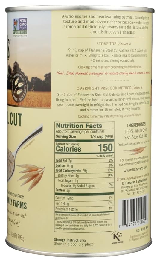 Flahavan’s Irish Steel Cut Oatmeal 28 Ounce 100% Whole Grain Oats Non-GMO Verified Field to Spoon Traditional Irish Oatmeal Tin [Pack of 2]