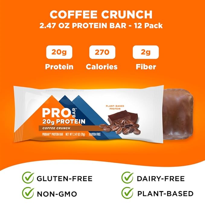 PROBAR Plant-Based Protein Bars – 20g Protein Gluten Free Non-GMO Dairy Free Vegan Snack No Sugar Alcohols Whole Food Ingredients Post Workout Energy Bar for Active Lifestyles (Coffee Crunch 12