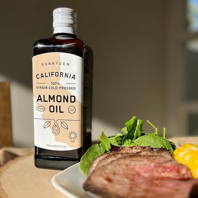 Sunnygem 100% Virgin Cold Pressed California Almond Oil 16.9 fl oz - Perfect for Cooking Baking Grilling Dipping &amp Marinating - Beneficial for Skin Hair &amp Face Care