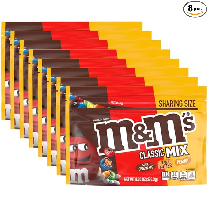 M&ampM’S Classic Chocolate Candy Mix of Peanut Peanut Butter &amp Milk Chocolate Sharing Size 8.3 oz Bags (Pack of 8)