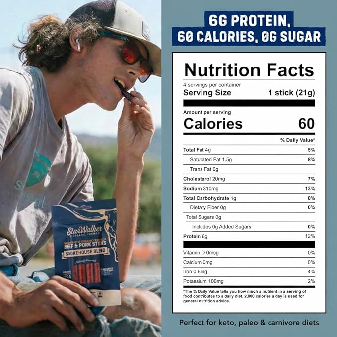 StarWalker Regenerative Organic® Beef and Pork Snack Sticks 4-Pack – 3 oz Each 50+ Years Organic Farming Grass-Fed Beef No Sugar No Nitrates Keto Clean Protein Snack
