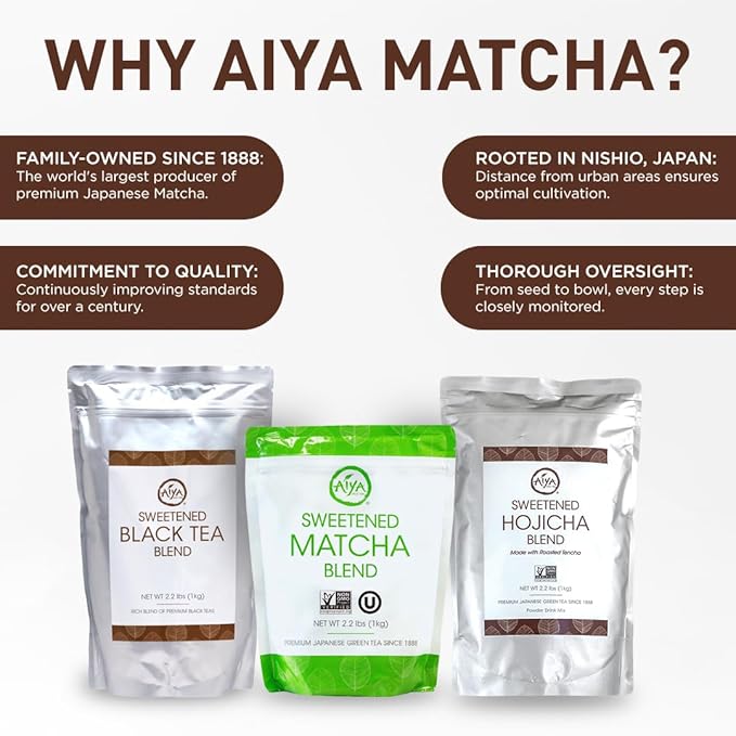 Aiya Sweetened Hojicha Matcha Blend - Nutty Roasted Green Tea Powder with Cane Sugar - Perfect for Lattes &amp Smoothies | 1kg Bag (2.2 lbs)