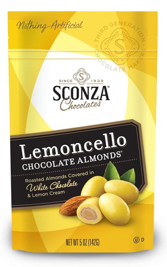 Sconza Lemoncello Lemon Cream &amp White Chocolate Almonds | Inspired by Italy's Lemon Groves | Made in the USA | Pack of 3 (5 Ounce Each)