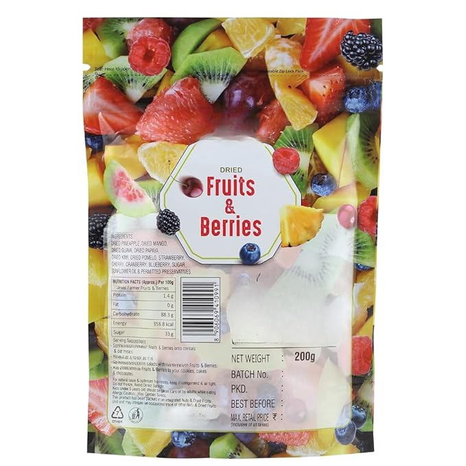 Generic Fruits &amp Berries Mix with Pineapple Mango Guava Papaya Kiwi Pomelo Strawberry Cherry Goji Berries Cranberry &amp Blueberry -100g
