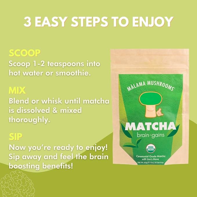 Malama Ceremonial Grade Matcha Powder - Premium Japanese Matcha Green Tea Powder with Organic Lion’s Mane Extract - Organic Gluten-Free Vegan &amp Unsweetened (2.1 oz) for Energy &amp Focus