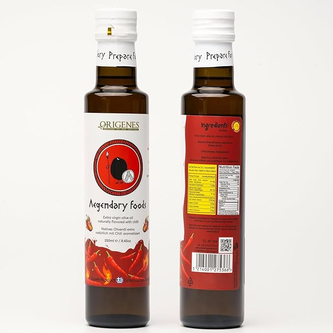Pack of 2 Extra Virgin Flavored Olive Oil 1 Bottle Garlic 1 Bottle Chili Infused EVOO Cold Pressed Polyphenol Rich EVOO Intense Flavor Olive Oil Extra Virgin from Laconia 2X250ml
